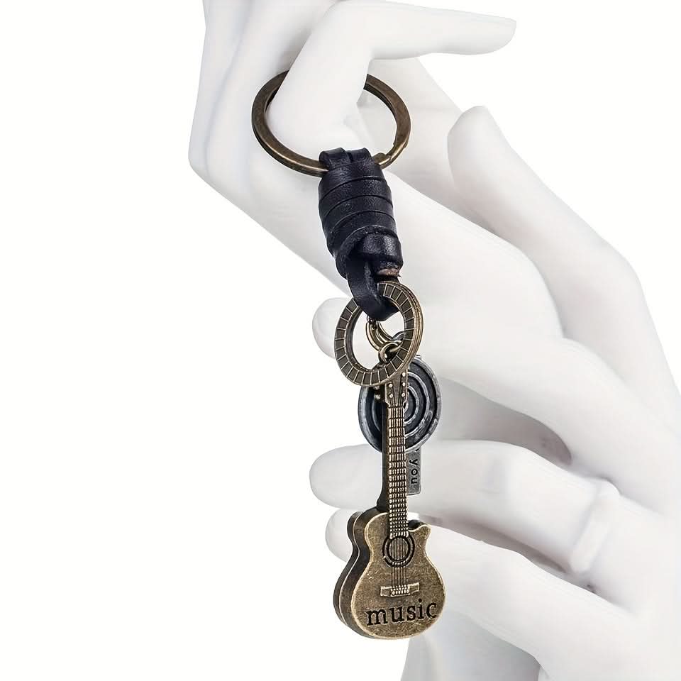 Retro Guitar Leather Keychain - Stylish Braided Cowhide Pendant for Men