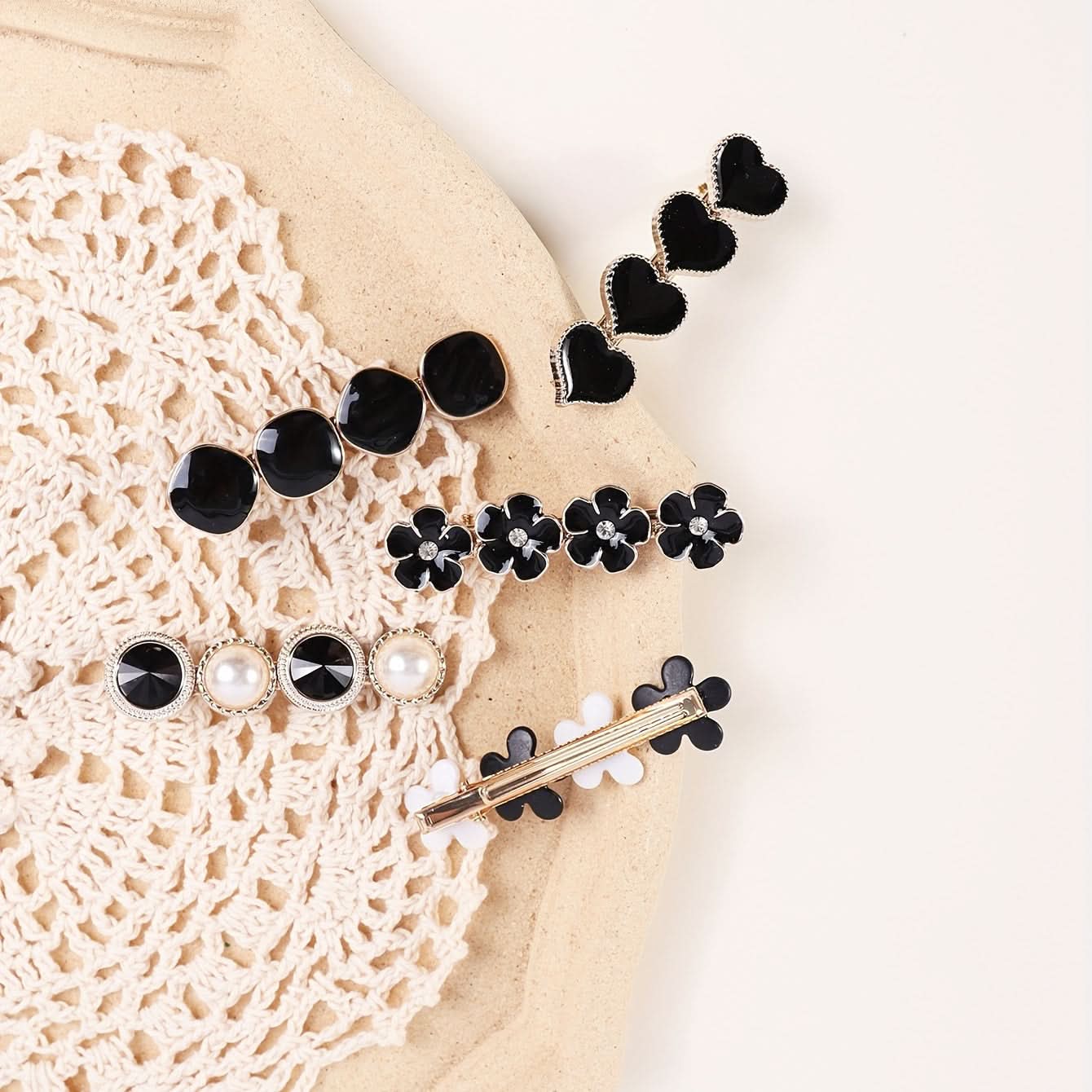 5pcs Black Heart Flower Pearl Hair Clips - Elegant Women's Hair Accessories