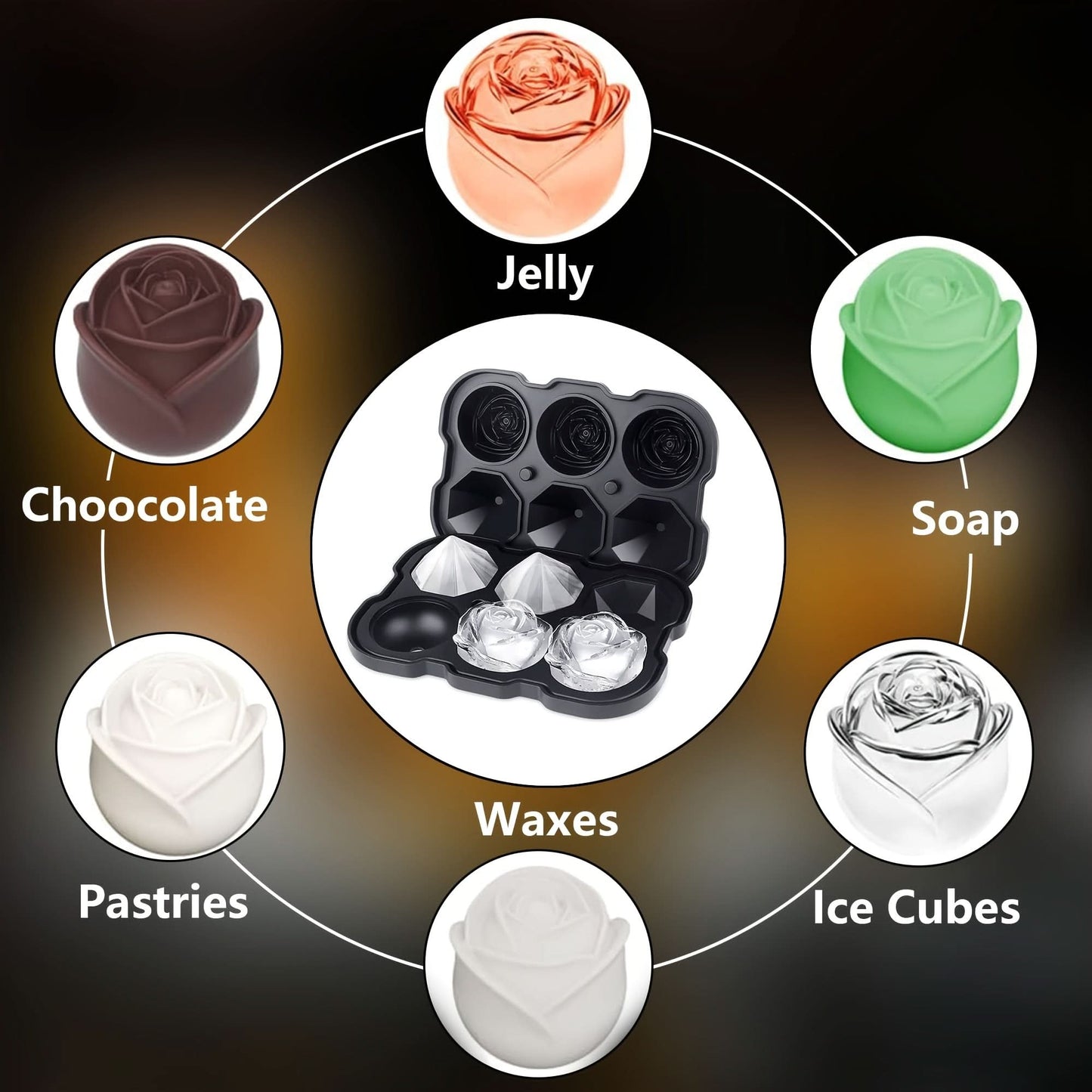Silicone Rose Ice Cube Tray with Lid – 3-Cavity Diamond Ball Mold