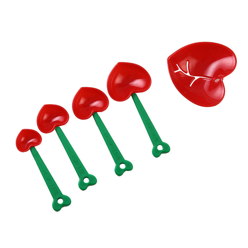 5-Piece Heart-Shaped Measuring Spoon Set – Egg White Separator, Red Plastic