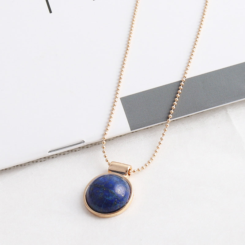 Natural Stone Pendant Necklace – Elegant Round Alloy Beaded Chain for Women