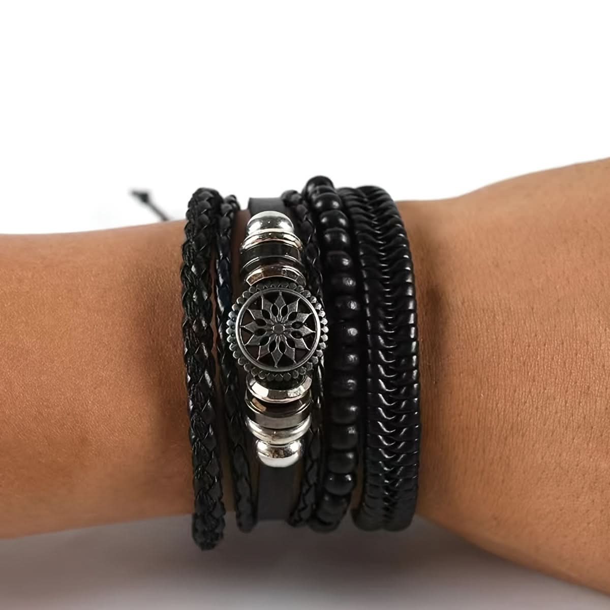 Vintage Leather Anchor Bracelet Set, 4-Piece Boho Style