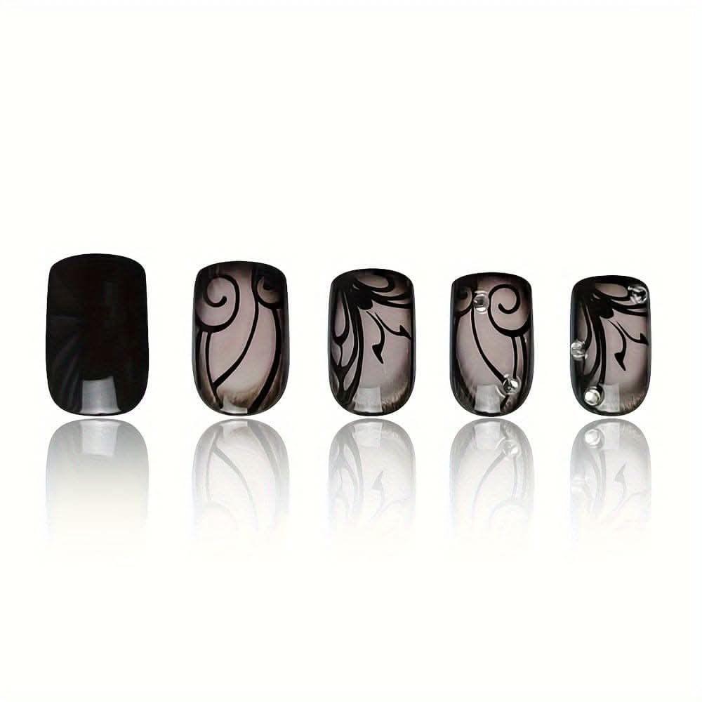 Short Square Press-On Nails – Black Vine Design, Full Cover False Nails