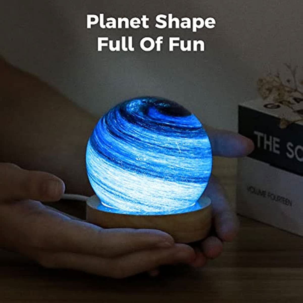 Starry Night Moon Lamp with Wooden Stand – USB-Powered LED Galaxy Light