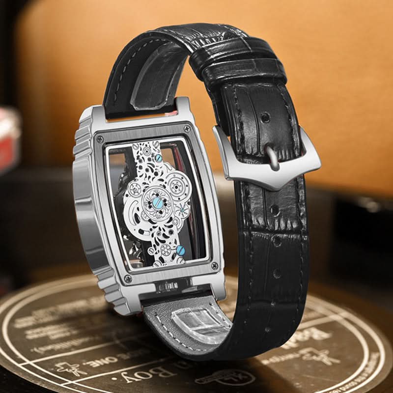 Men's Skeleton Quartz Watch – Retro Gear Design, Rectangular Dial With Leather Strap