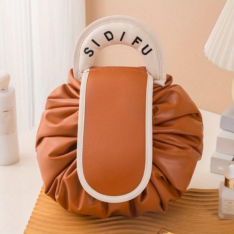 Drawstring Makeup Organizer - PU Leather Chic Cosmetic Pouch with Handle