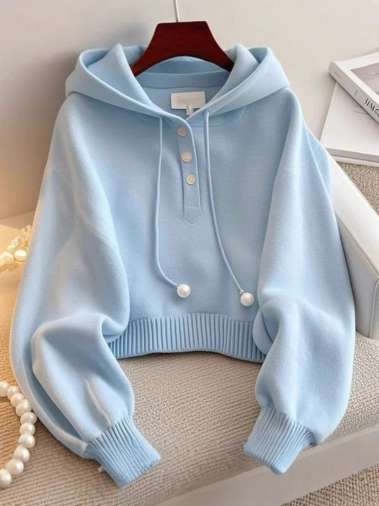 Chic Blue Hooded Sweatshirt for Women – Korean Style Drawstring Knit, Comfortable & Stylish Casual Wear