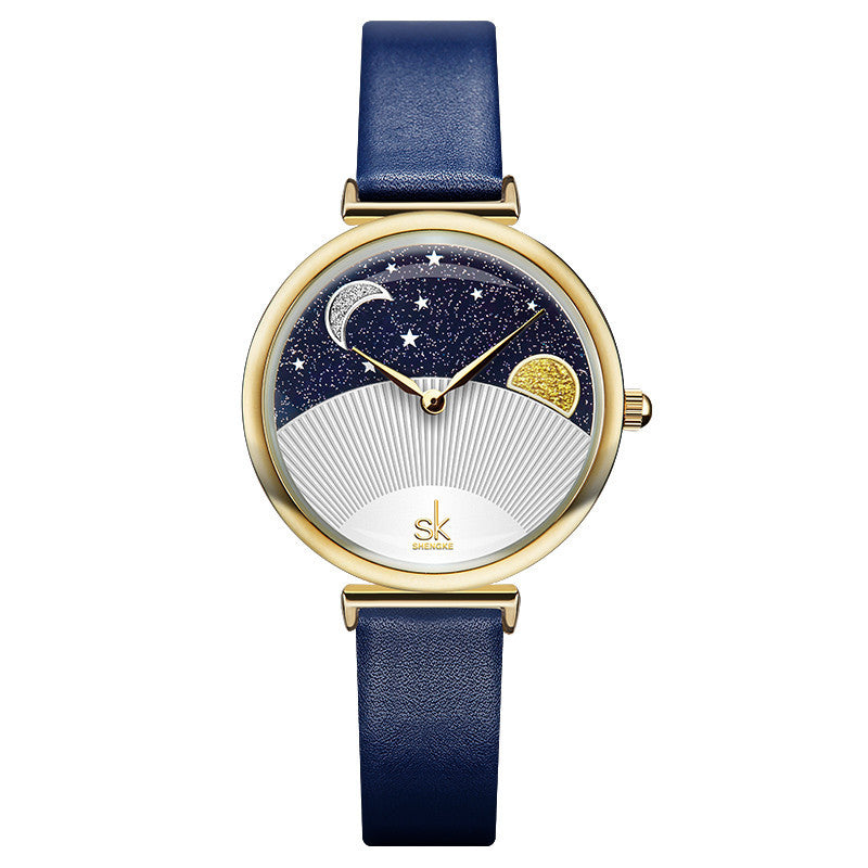 SK Women’s Quartz Watch – Sun & Moon Starry Sky Dial, Leather Strap, Fashion Design