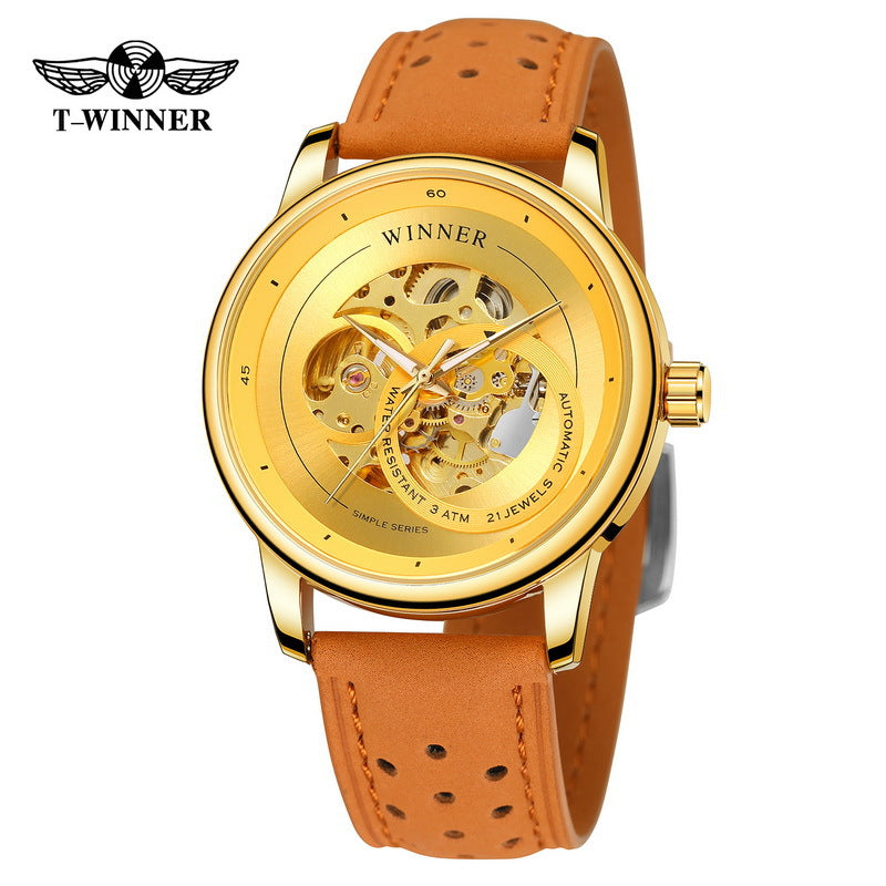 T-Winner Hollow Automatic Watch – 30M Waterproof Men’s Mechanical Leather Timepiece