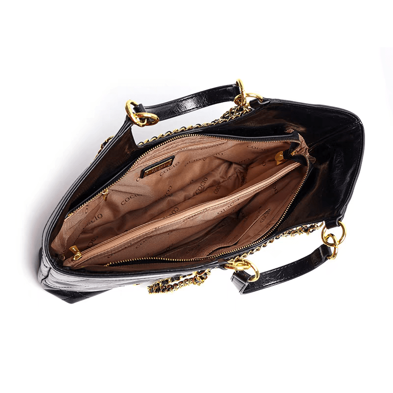Black Faux Leather Tote Bag with Chain Strap