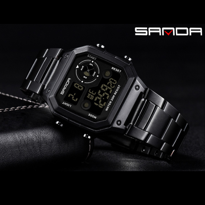 Sanda Men’s Black Square Digital Watch – Waterproof Stainless Steel Hip-Hop Sports Watch