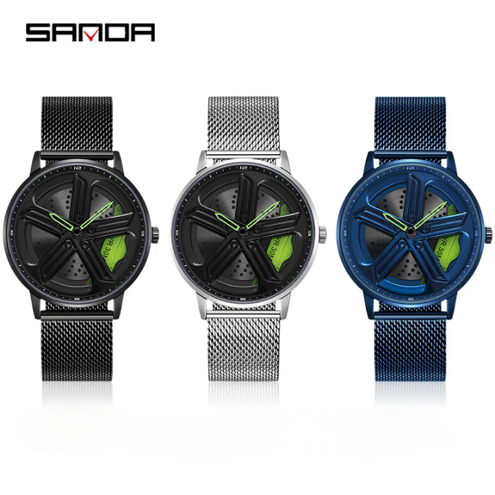 Sanda Men’s Mesh Quartz Watch – 360° Rotating Dial, Hollow Design, Waterproof Wristwatch