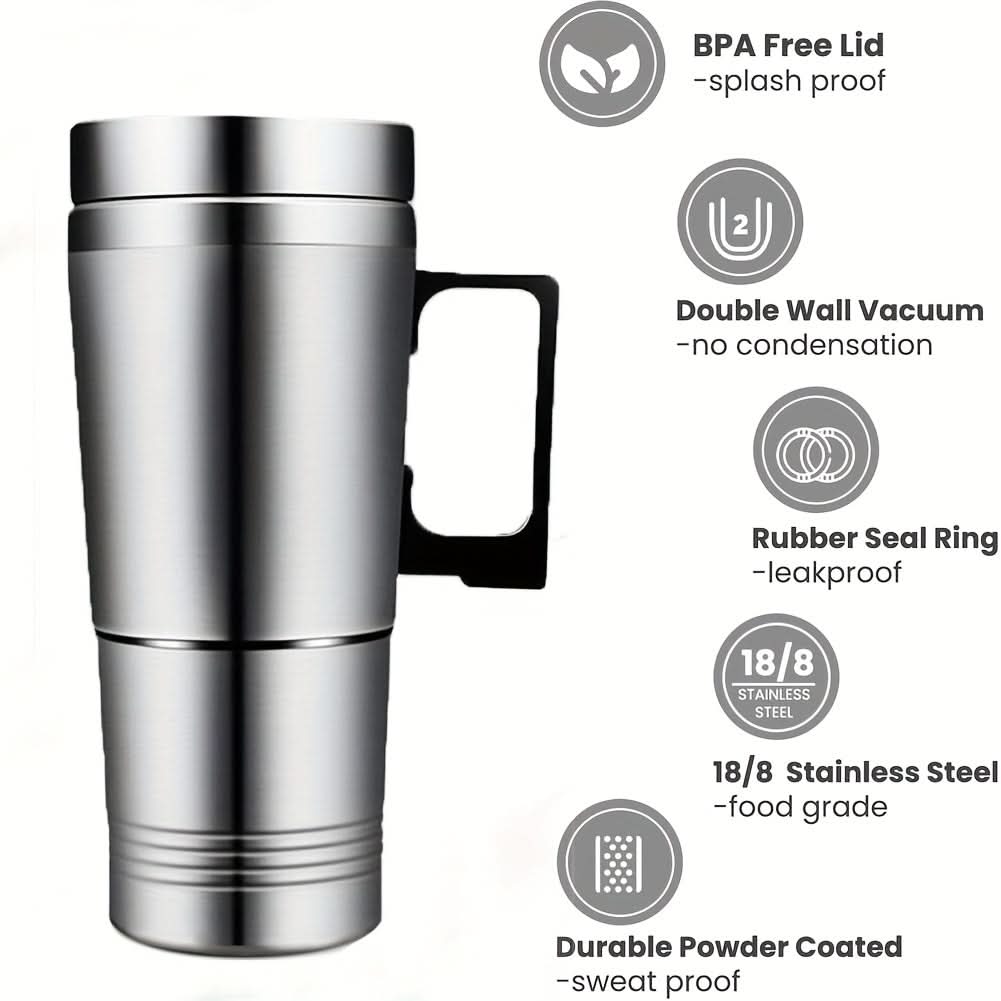Stainless Steel Car Kettle – 12V Electric Heating Travel Mug for Coffee & Tea