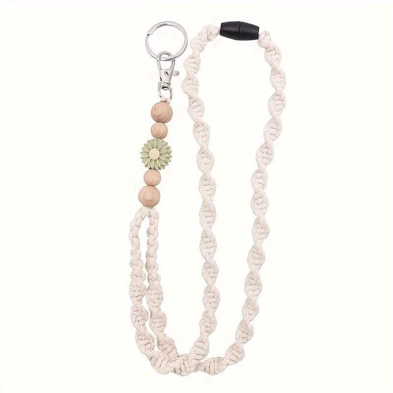 Linen Lanyard with Wooden Beads & Flower Charm