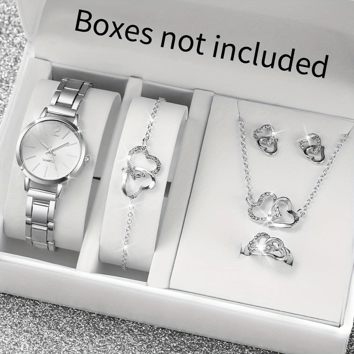 6pcs Women's Quartz Watch & Heart Rhinestone Jewelry Set