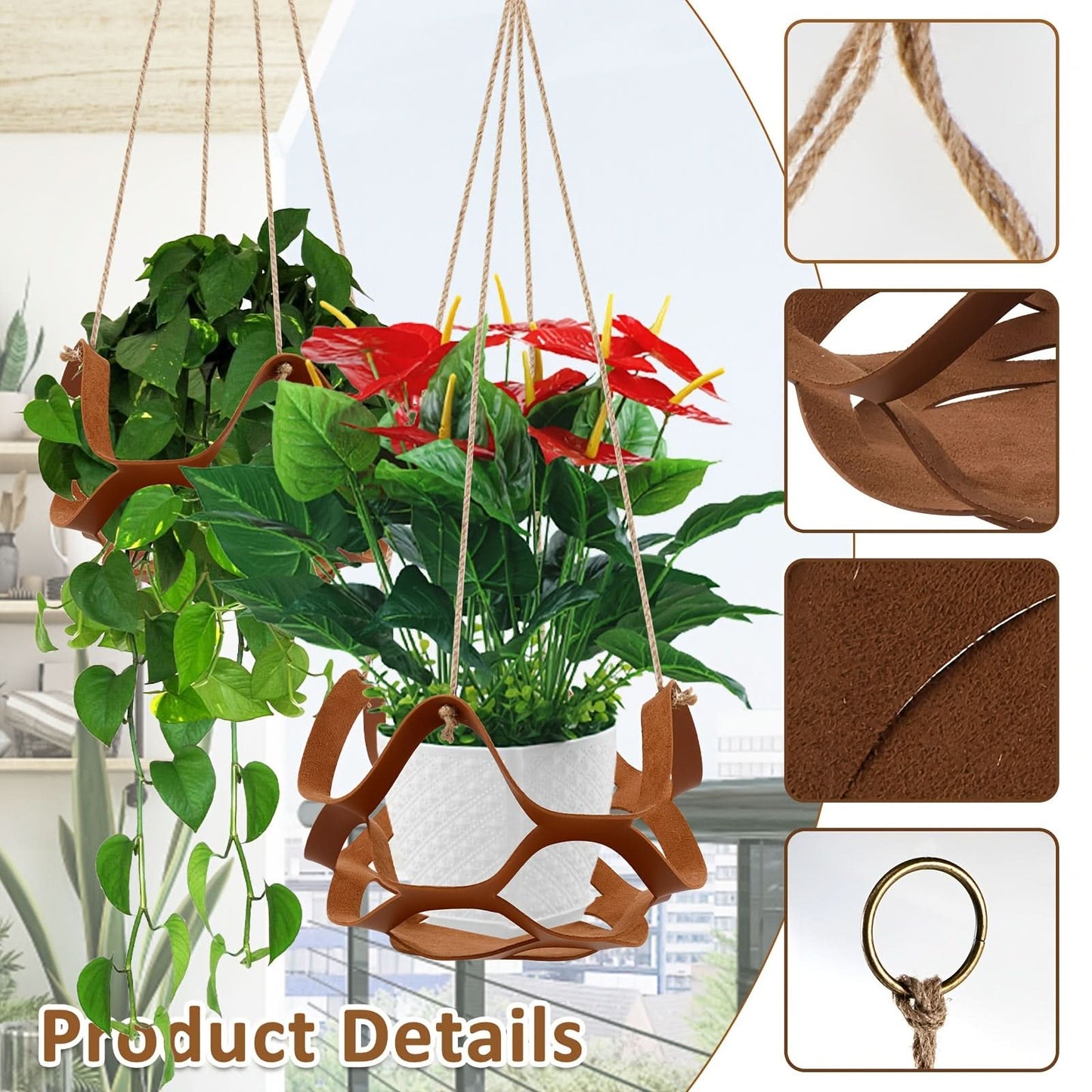 2pcs PU Leather Hanging Plant Baskets – Indoor & Outdoor Decorative Planters