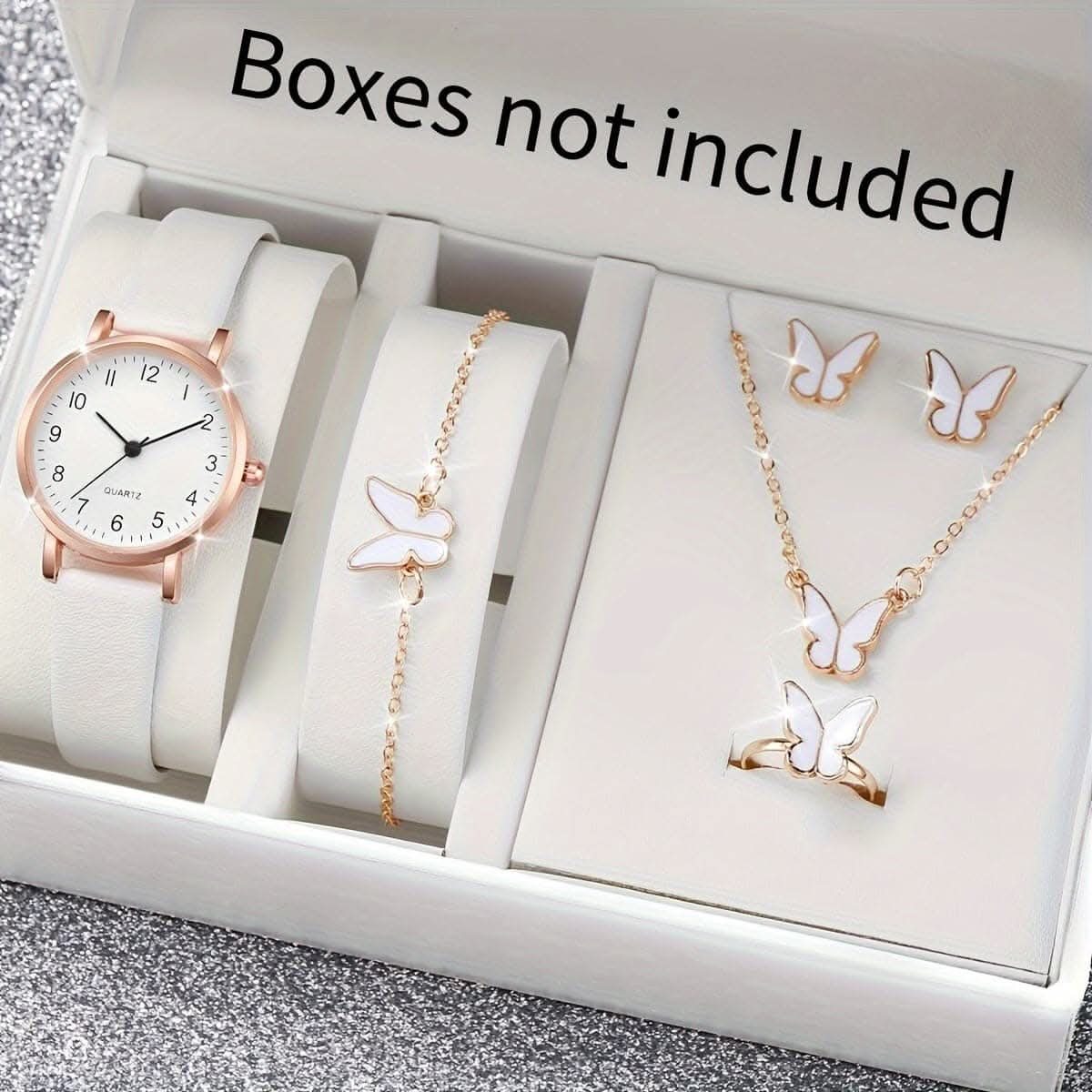 6pcs Women's Round Quartz Watch & Butterfly Jewelry Set