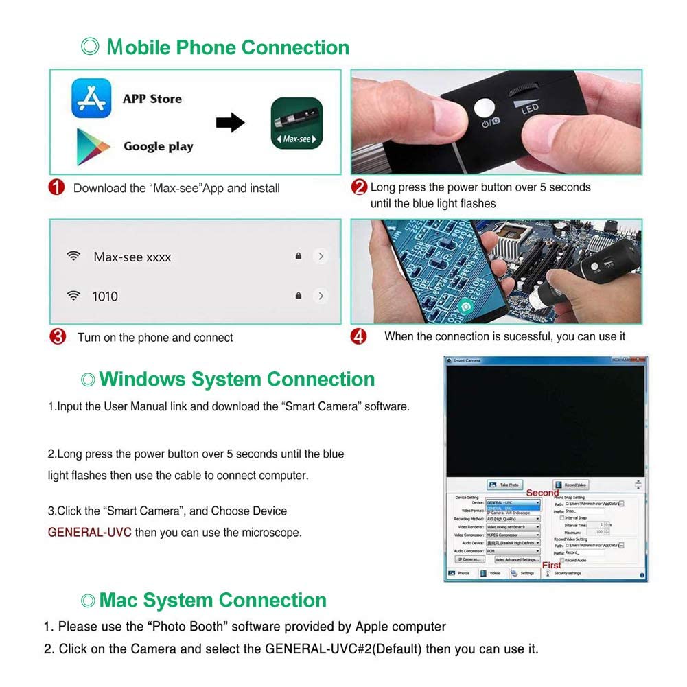 Wireless Digital Microscope 1000X 1080P – Portable USB WiFi Microscope Camera with 8 LED Lights