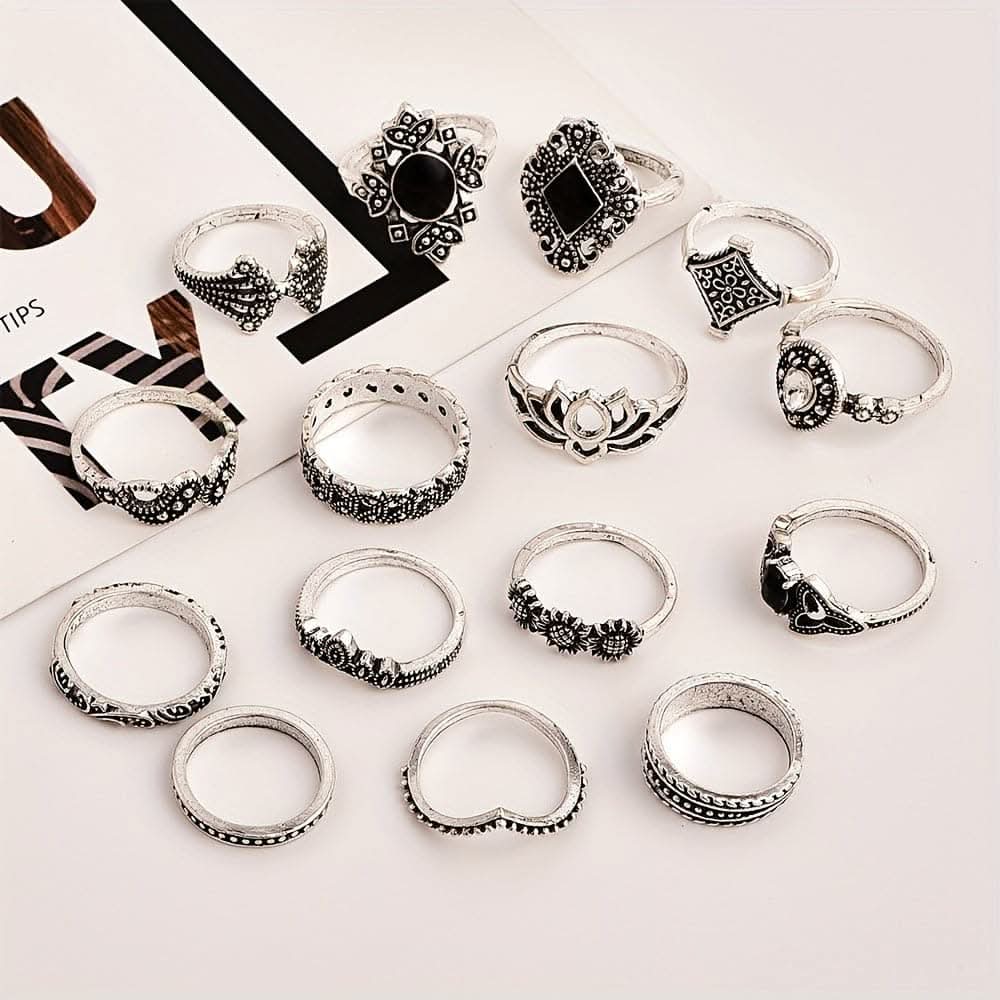 15-Piece Boho Chic Lotus Knuckle Ring Set