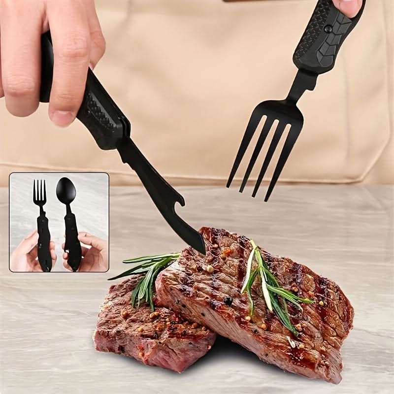 4-in-1 Stainless Steel Camping Utensils Set – Fork, Spoon, Knife, Bottle Opener