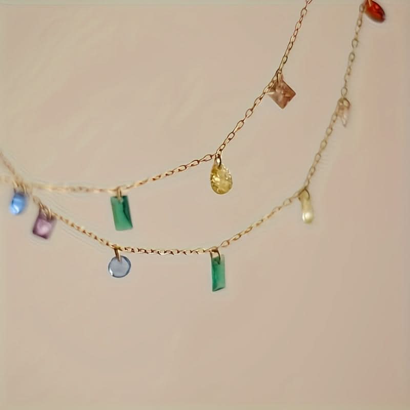 Stainless Steel Charm Necklace with Multicolor Cubic Zirconia