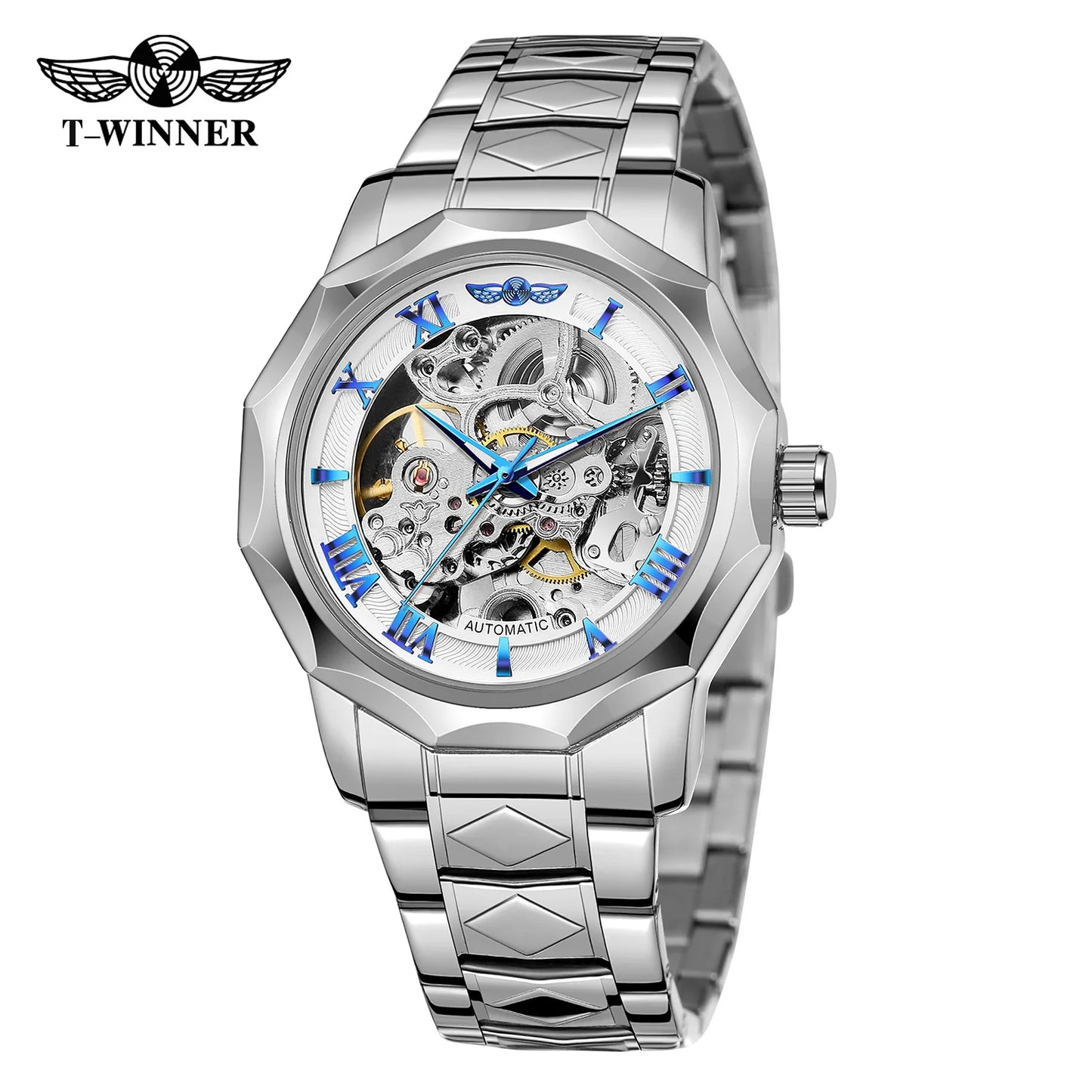 T-Winner Men’s Mechanical Watch – Luxury Hollow Polygonal Dial Stainless Steel Band