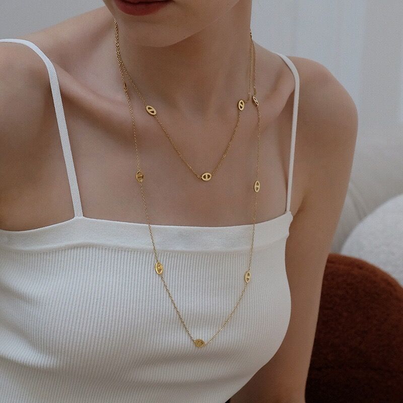 Double-Layer Titanium Steel Long Necklace – Light Luxury Women’s Pig Nose Chain
