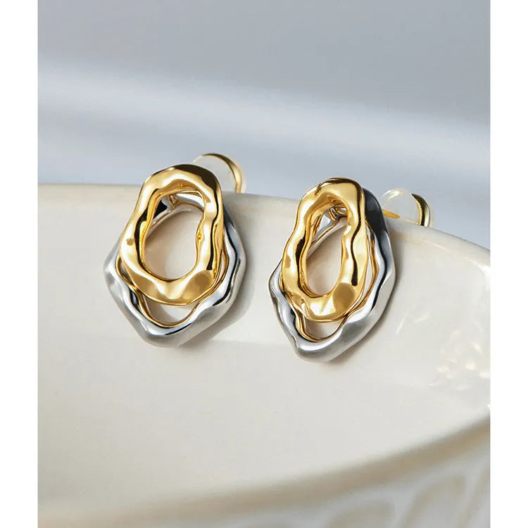 Molten Core Irregular Stud Earrings – Gold & Silver Modern Chic Jewelry for Women