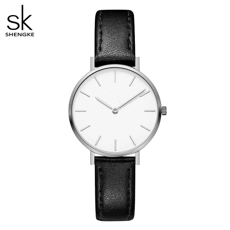SK Women’s Quartz Watch – Cute Shell Dial, Leather Strap, 32MM Waterproof Wristwatch