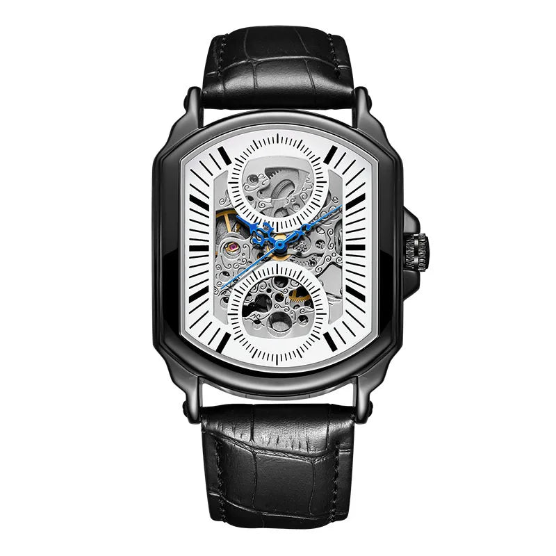 T-Winner Men’s Skeleton Mechanical Watch – Leather Strap, Automatic Business Timepiece
