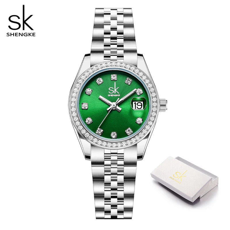 SK Women’s Crystal Quartz Watch – Stainless Steel Band, 3BAR Water-Resistant