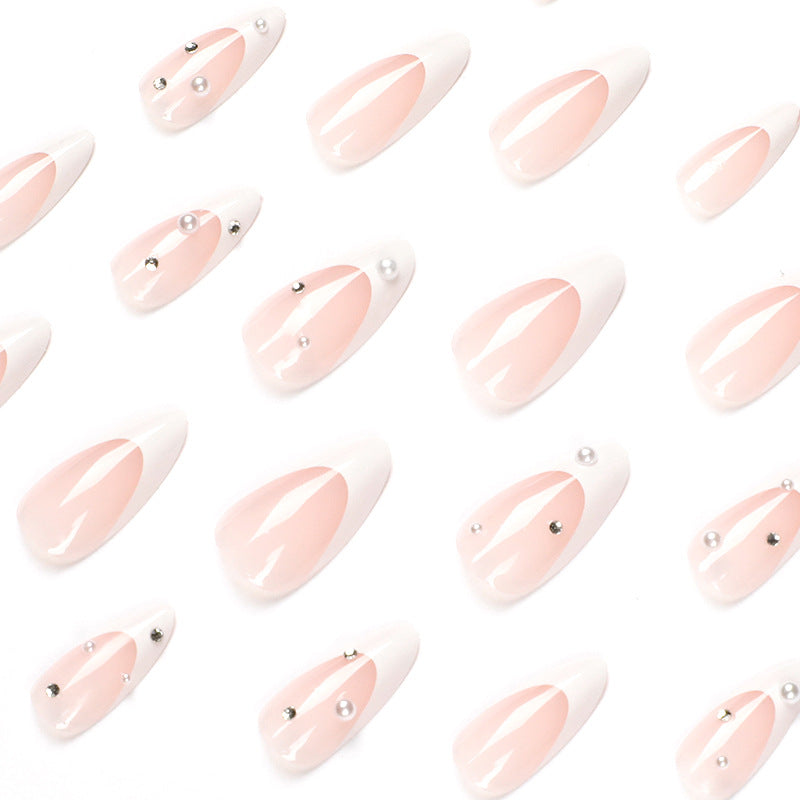 French Tip Rhinestone Press-On Nails – Medium Almond, 3D Gel Pearl Design