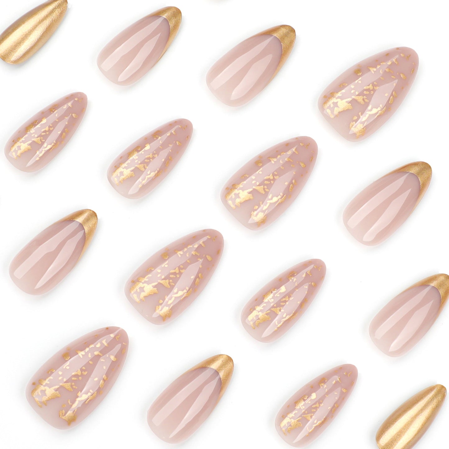 Pearlescent Almond Press-On Nails – Nude & Gold Foil French Tip Glue-On Set