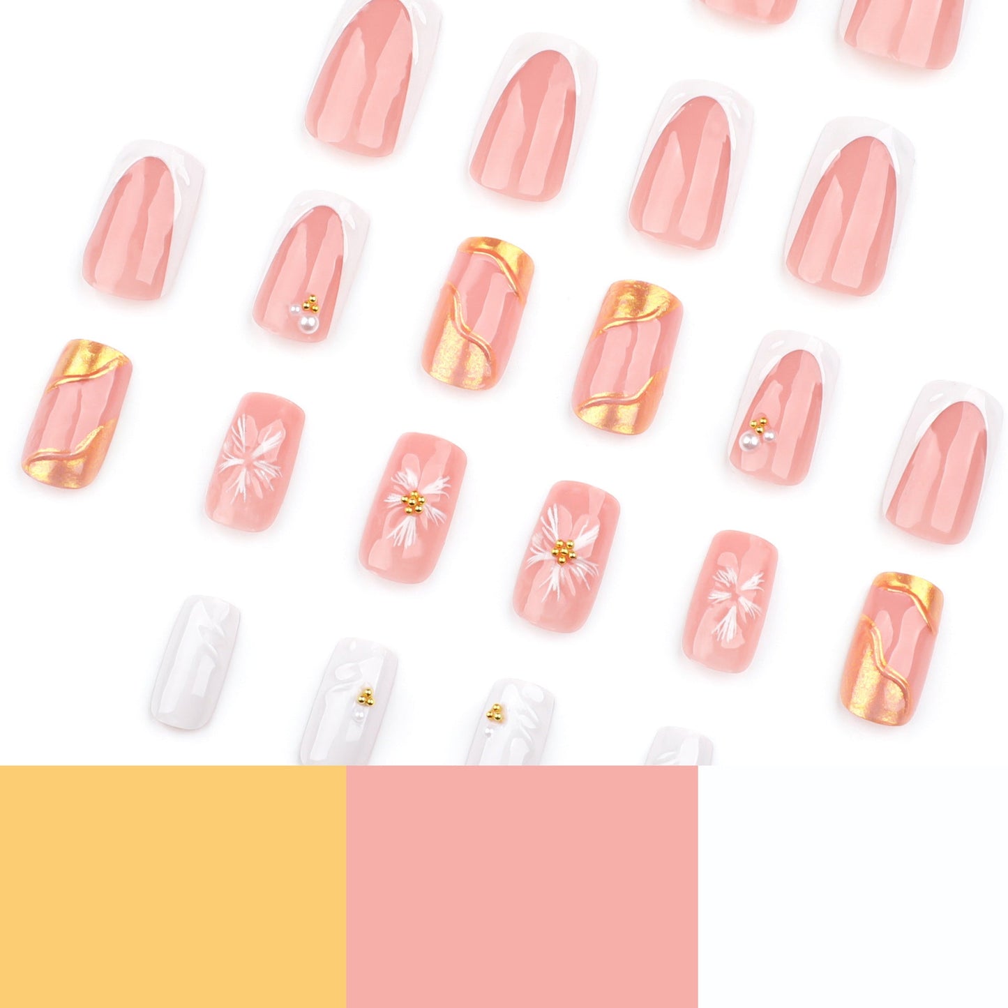 Elegant 3D Floral Press-On Nails with Pearls & Gold Accents – Square Acrylic Set