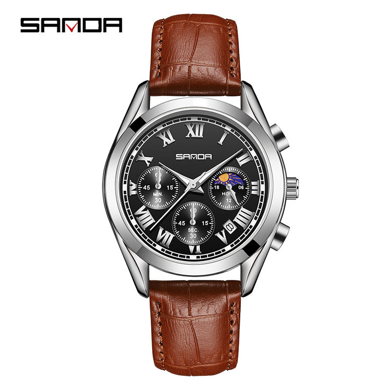 Sanda Men’s Leather Quartz Watch – Waterproof Business Watch with Moon Phase & Calendar