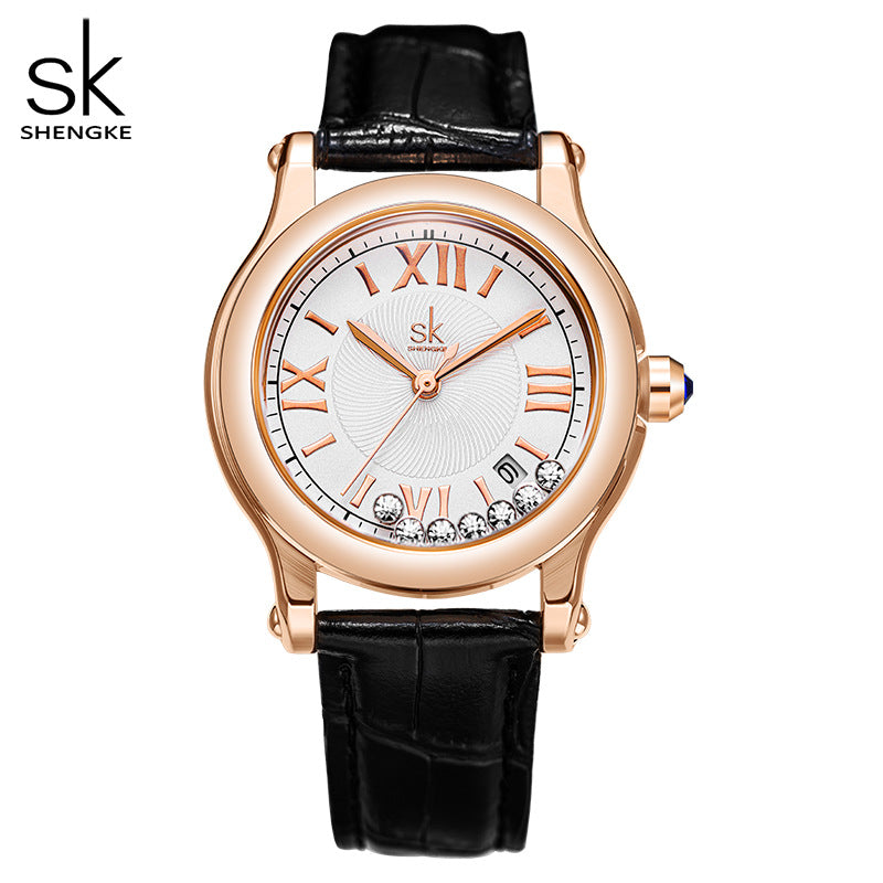 SK Women’s Quartz Watch – Elegant Round Dial, Leather Strap, 30M Waterproof Wristwatch