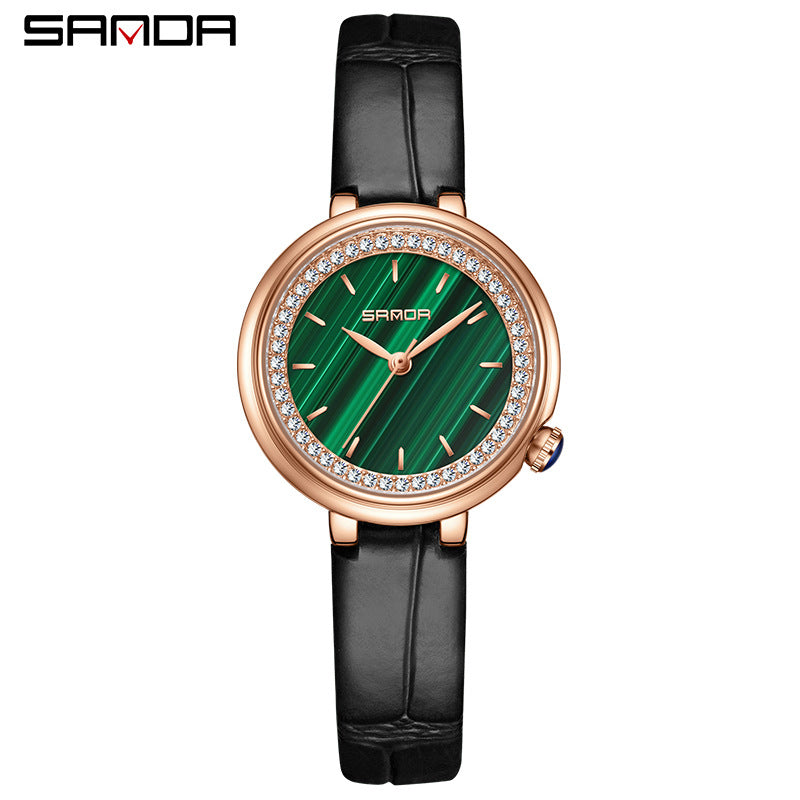 Sanda Women’s Leather Quartz Watch – Diamond Accent Small Dial, Waterproof Analog Watch