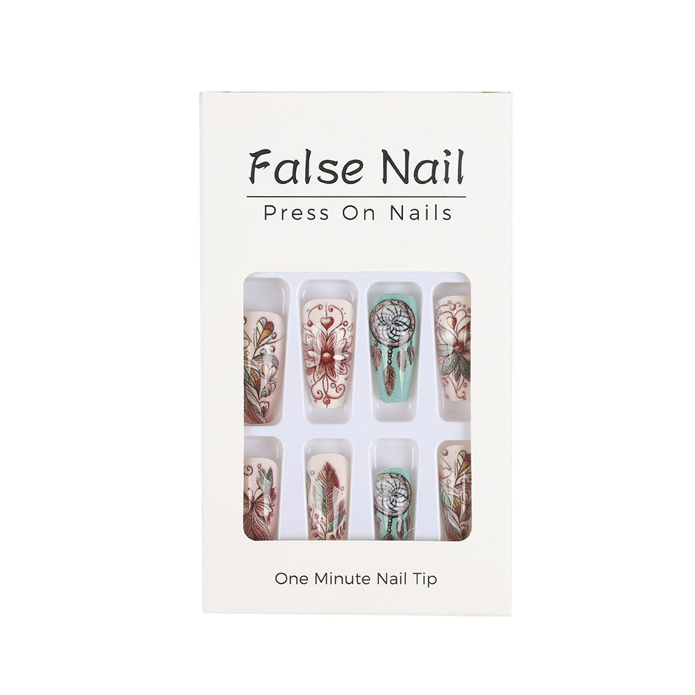 Long Almond Press-On Nails – Bohemian Floral & Butterfly Acrylic Nail Art Set (24pcs)