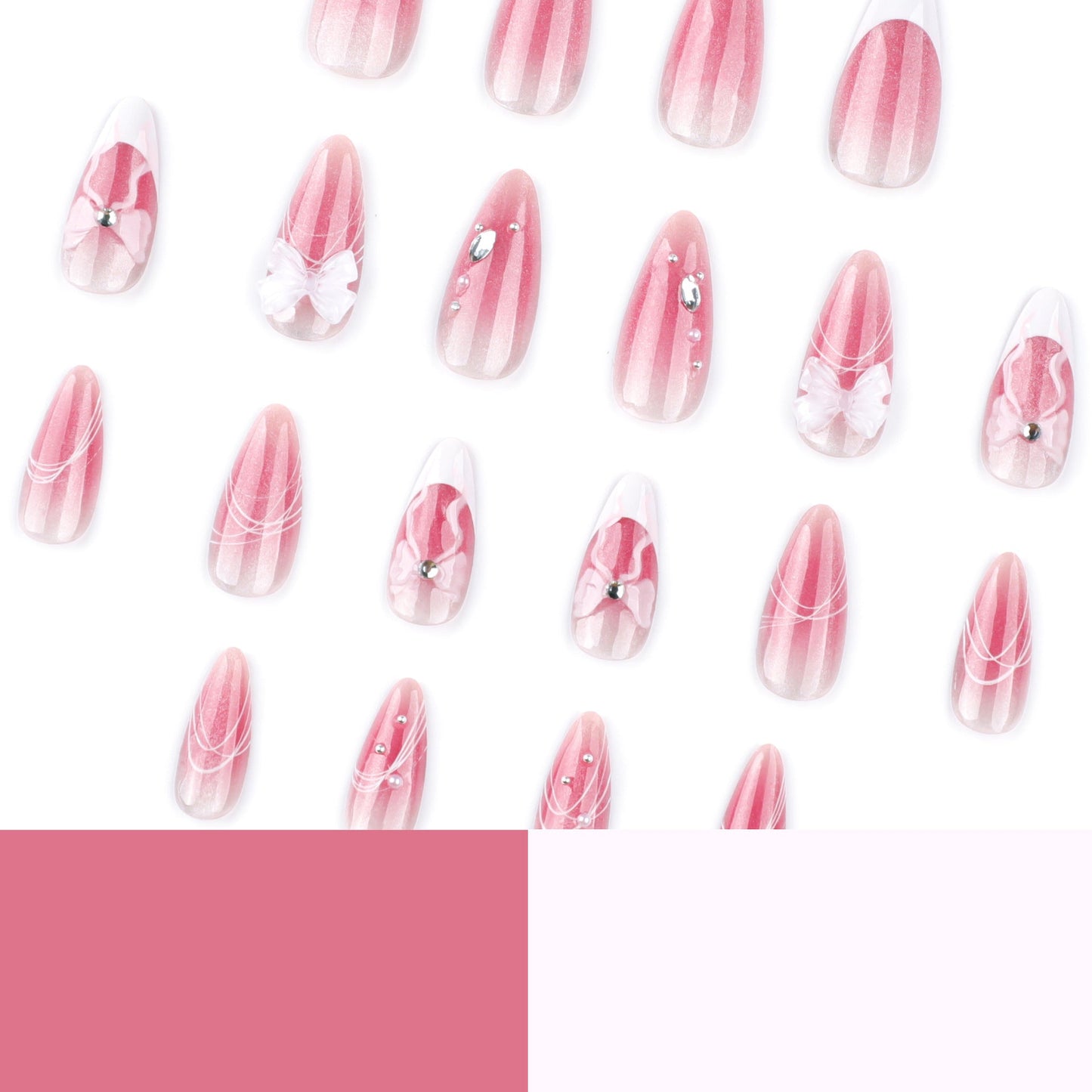 Cat Eye Gradient Press-On Nails – Medium Almond Pink Embellished French Bow Set