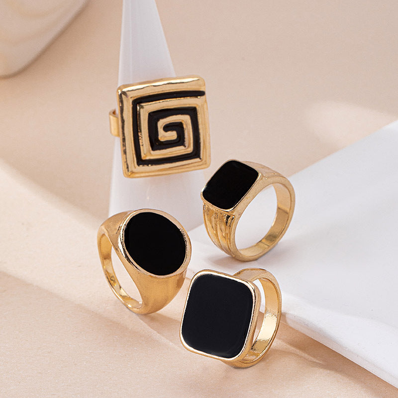 Black Geometric Enamel Ring for Women – Retro Alloy Fashion Jewelry