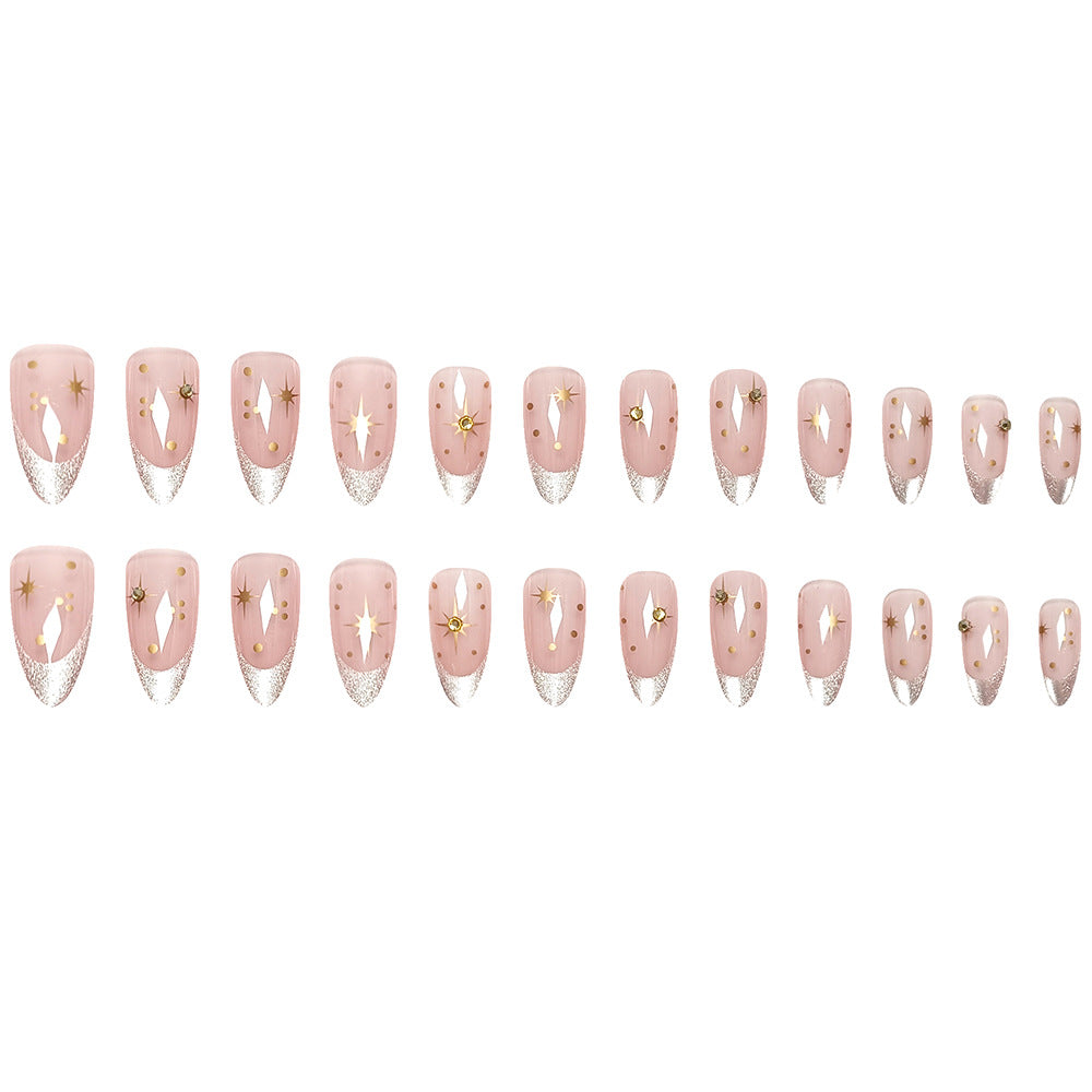 Cat Eye Press-On Nails – Metallic French Tip Stiletto Acrylic Nail Set with Starburst Design