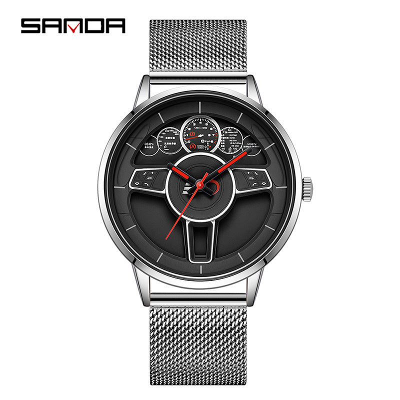 SANDA Steering Wheel Men’s Quartz Watch – Mesh Strap Waterproof Business Wristwatch