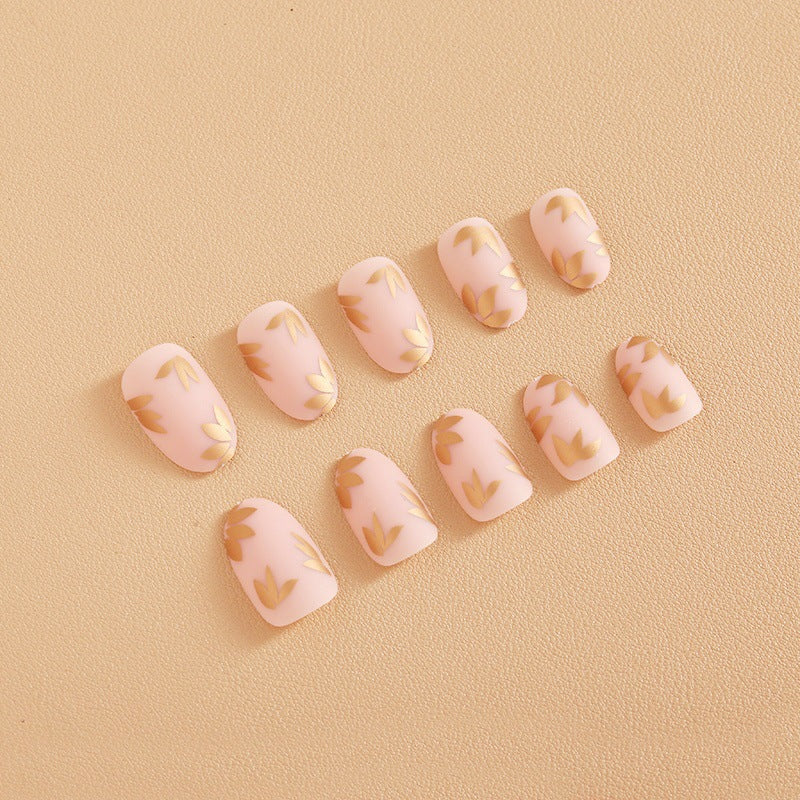 Matte Nude & Gold Leaf Press-On Nails – Oval Acrylic Medium Glue-On Set