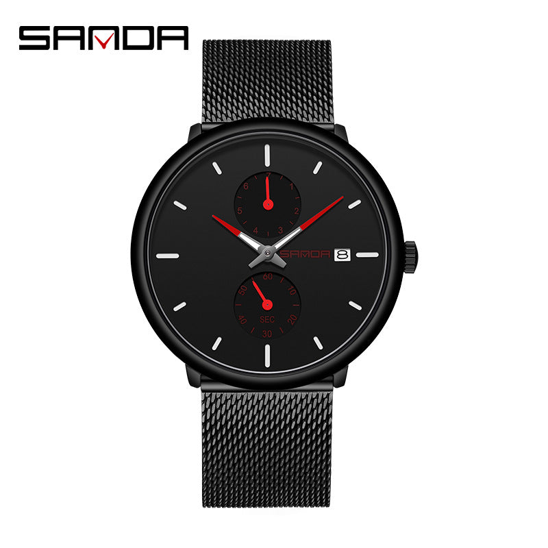 Sanda Men’s Classic Mesh Quartz Watch – Waterproof Luminous Calendar Wristwatch