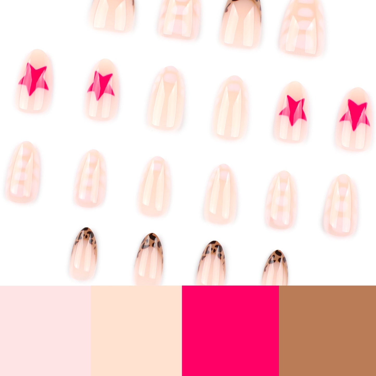 Bold Trendy Press-On Nails – Short Oval with Pink Star & Leopard Print Design