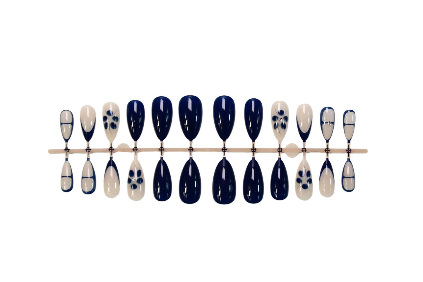 Navy Blue Almond Press-On Nails – Floral Half-Moon Medium Glossy Nail Art