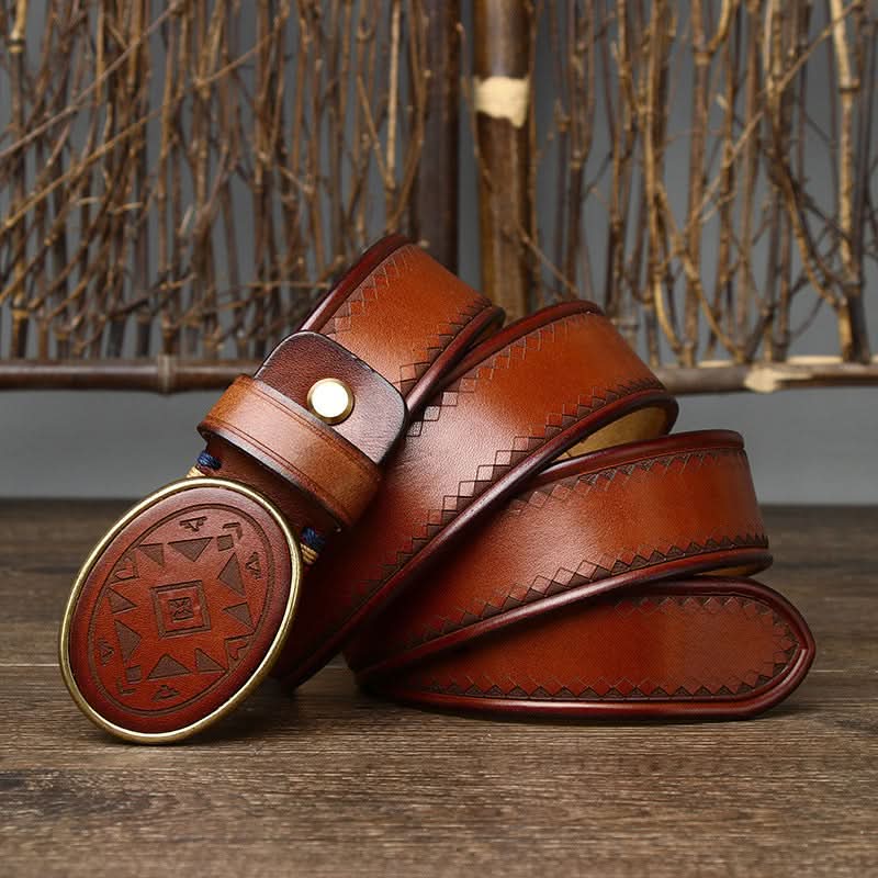 Men's Retro Style Laser Engraved Pattern Leather Belt – Classic Vintage Style