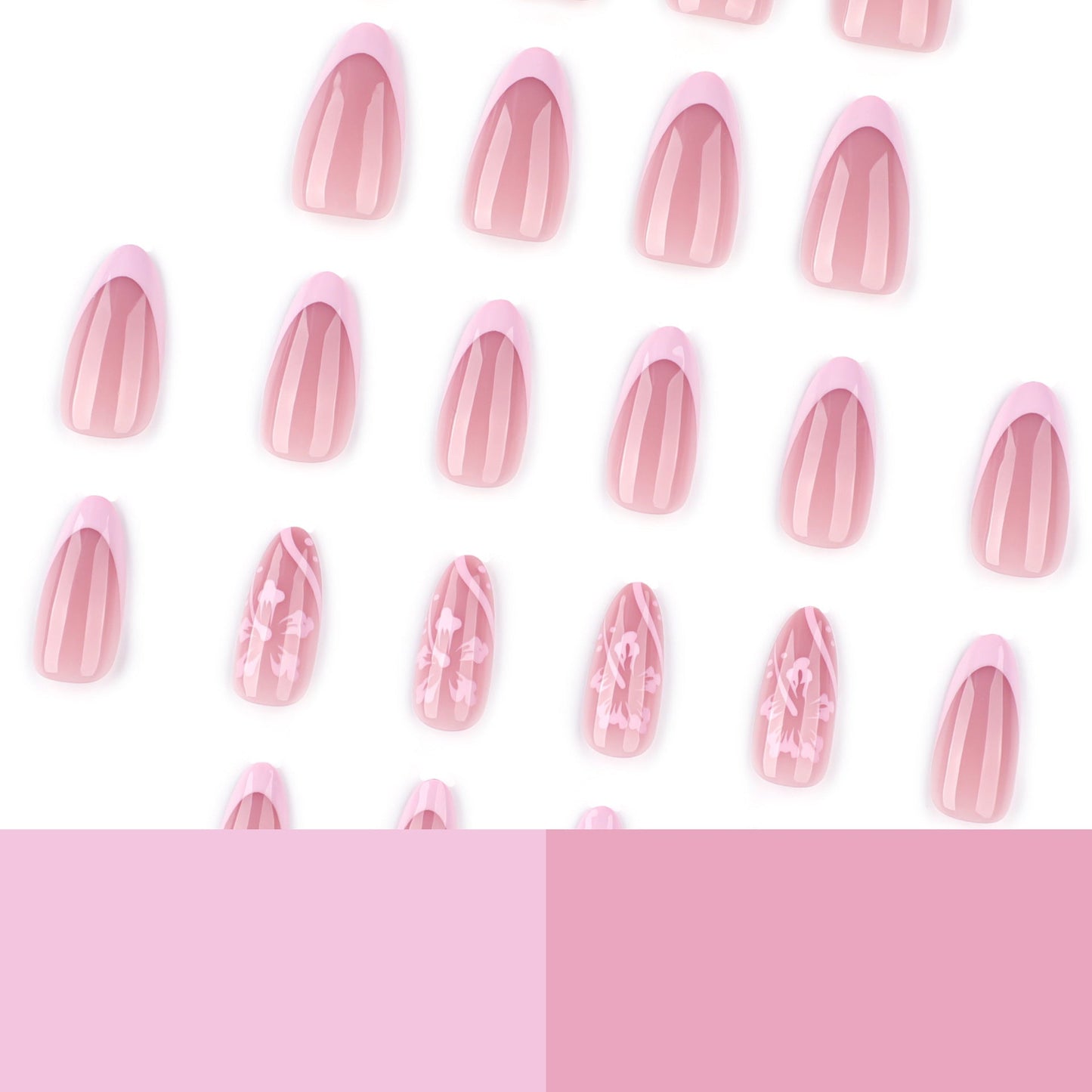 Pink Floral Almond Press-On Nails – French Tip Medium Glue-On Set