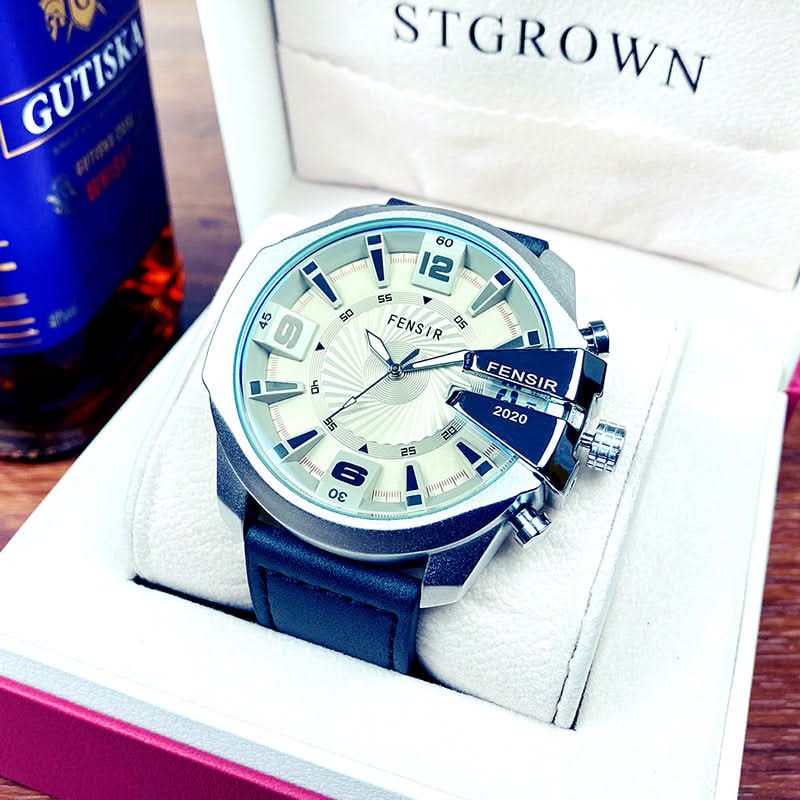Men’s Oversized Quartz Watch with Calendar –Leather Strap Business Casual Timepiece