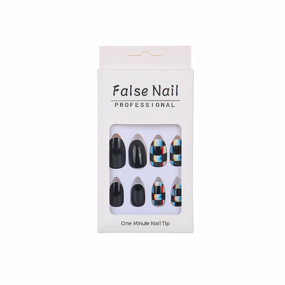 Checkerboard Press-On Nails – Glossy Square Design with Abstract Multicolor Accents